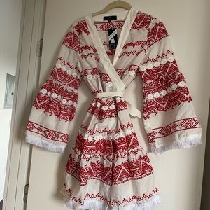 Embroidered Red/White Wrap Dress